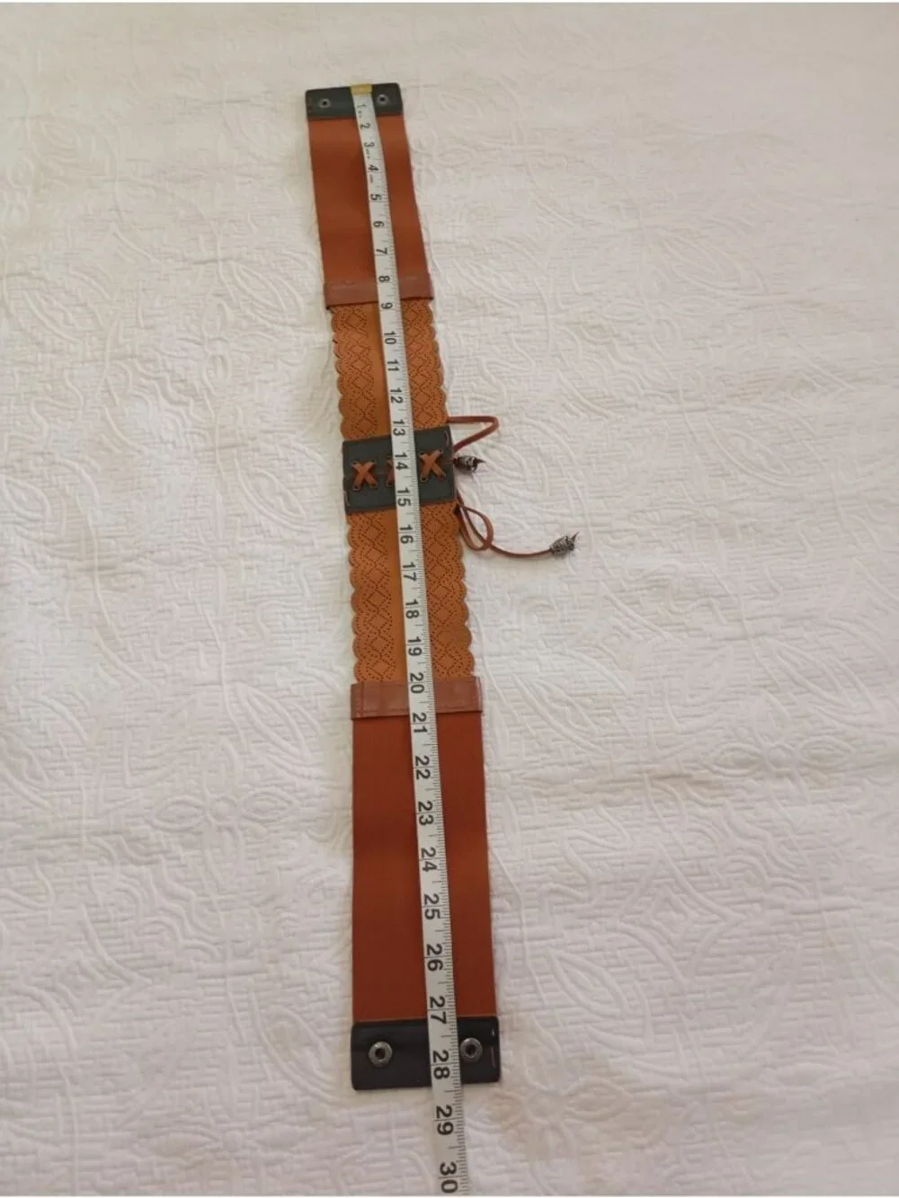Brown Elastic Waist Cincher Belt Faux Leather Lace-Up Design & Metal Tip Accents